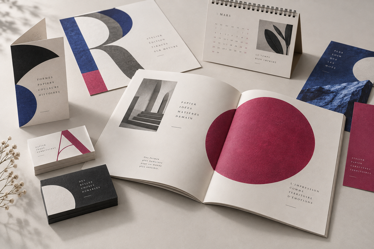 Composition illustrative de brochures, dépliants, cartes de visite et calendrier